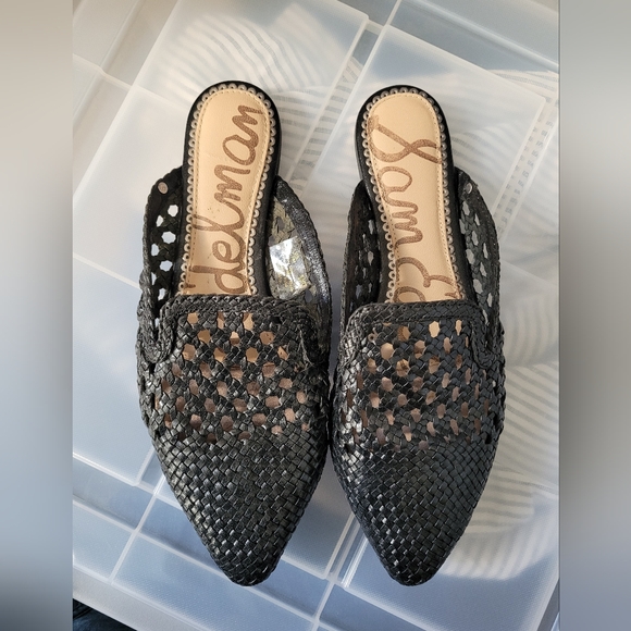 Sam Edelman 7.5 Black Woven Leather Slip On Flat Slide Mules Shoes - Picture 1 of 5